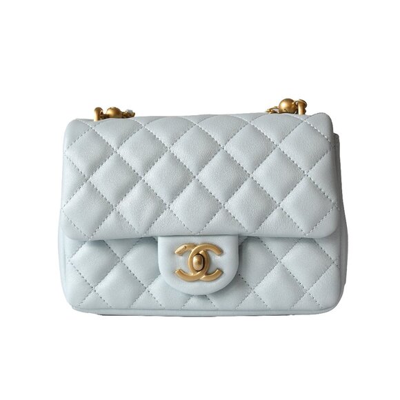 Chanel Shiny Lambskin Quilted Pearl Twist Square Flap Bag Gold Hardware Light Bl - Picture 1 of 6